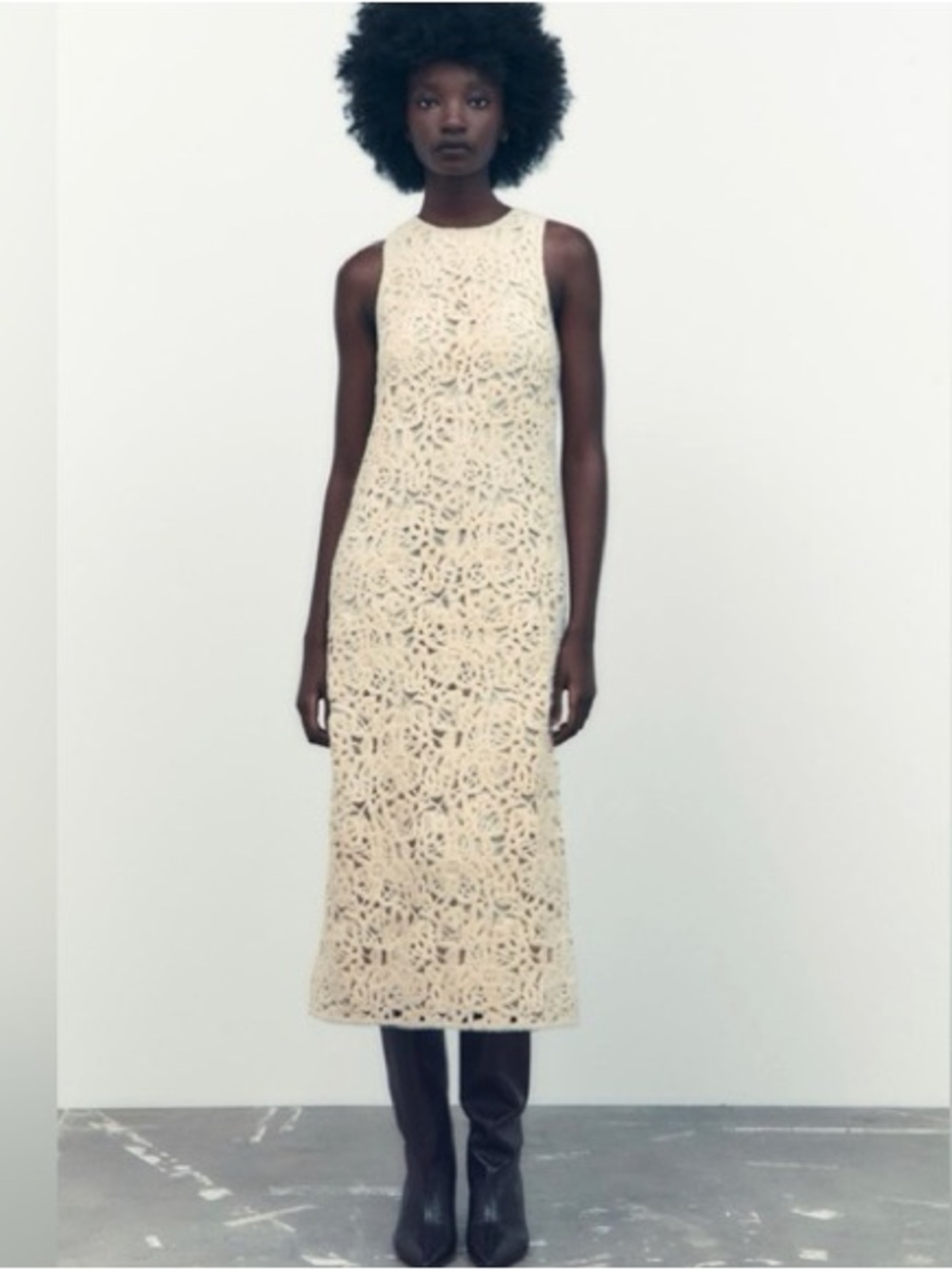 Zara Macrame Crochet Knit Midi Dress Ecru Cream Ivory Size S